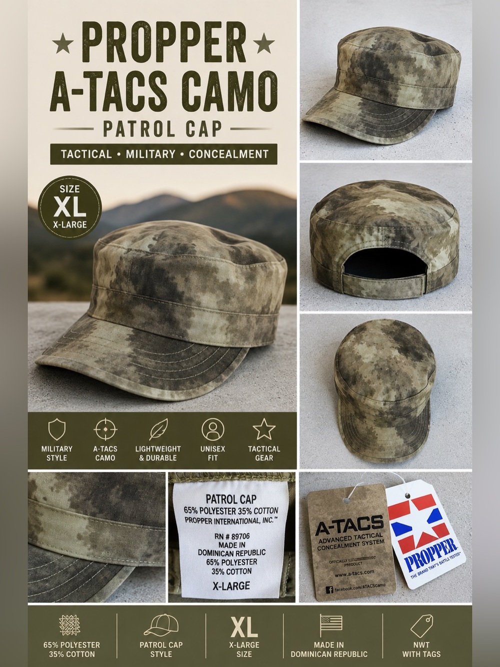 Propper A-TACS Camo Patrol Cap XL Tactical Military Concealment NWT